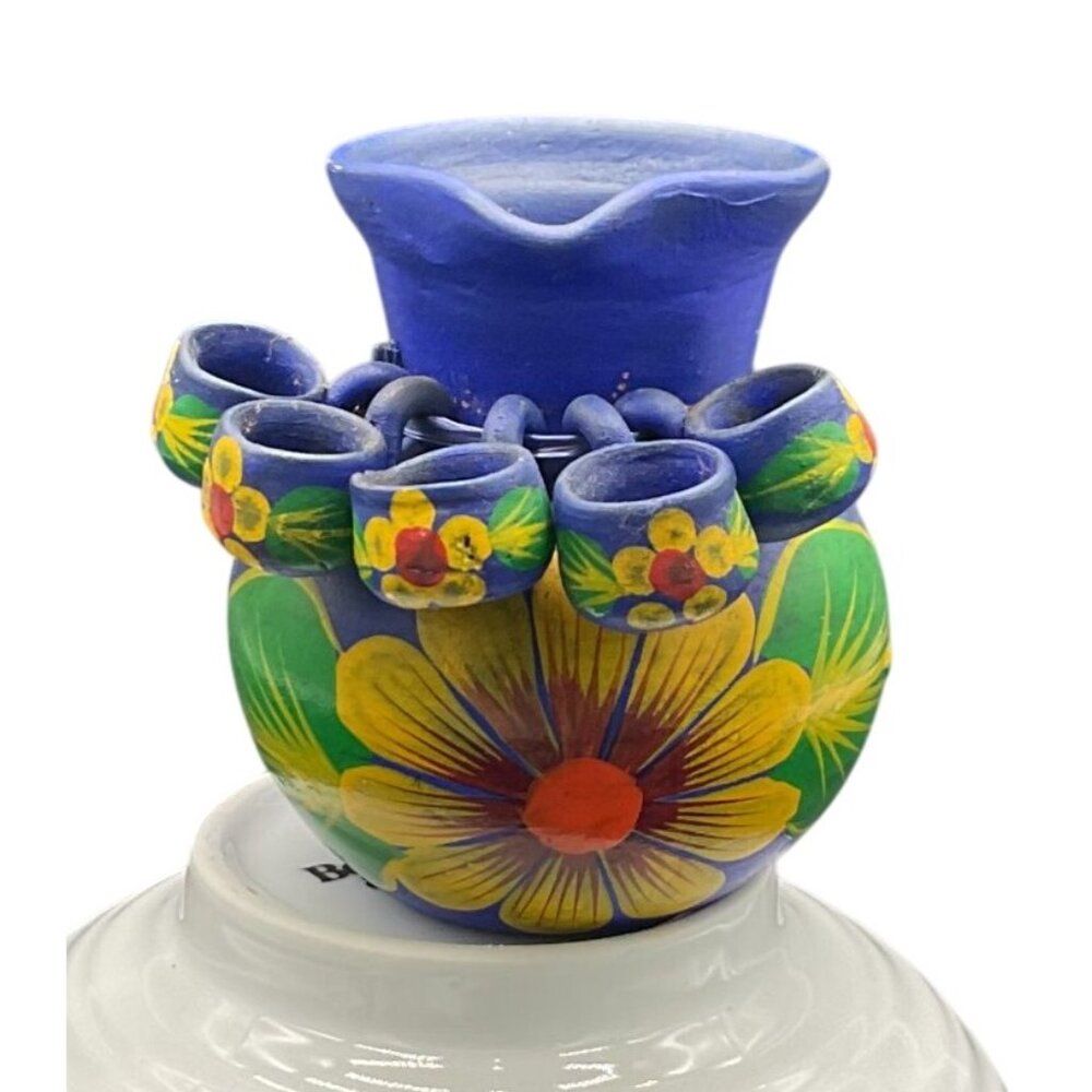 Hand-Painted Mexican Pottery Blue Ceramic Pitcher w/ Florals & Mini Cups 3.5"